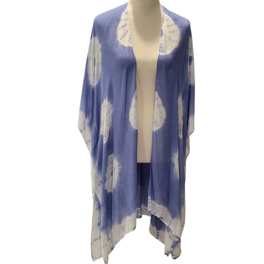 Beachy Tie-Dye Open Front Kimono Cover-Up in Periwinkle Blue & White, One Size